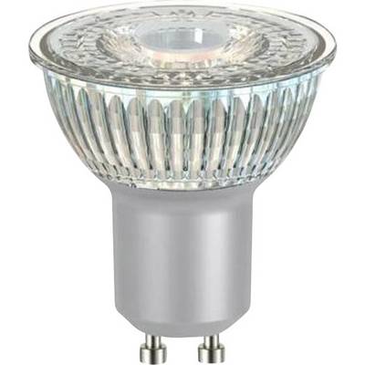 Ampoule LED avec douille GU10, boîtier transparent, adaptée pour un éclairage directionnel dans les espaces de vie ou de travail.