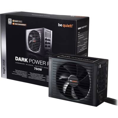 «Silence ! DARK POWER PRO 11 », un bloc d'alimentation de 750W, avec ventilateur noir et gestion des câbles, présenté devant son emballage.
