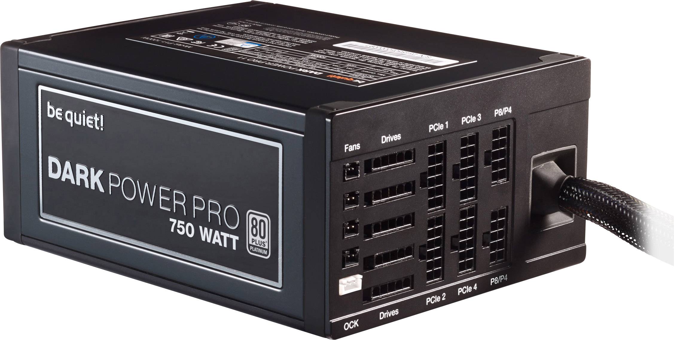 Bloc d'alimentation noir pour ordinateur 'be quiet! DARK POWER PRO 750 WATTS' avec plusieurs possibilités de connexion et une grille de ventilation à l'arrière.