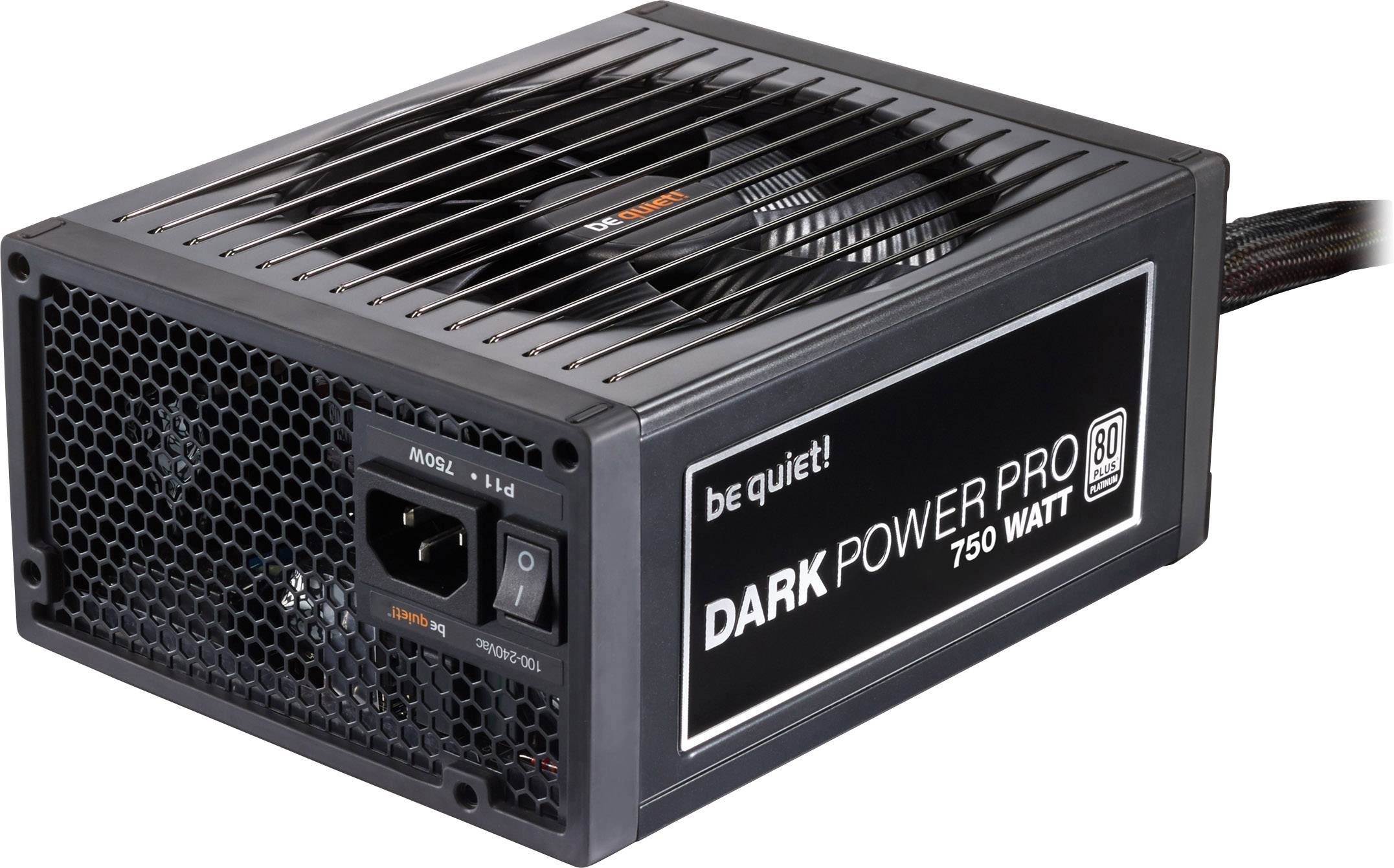 Bloc d'alimentation 'Dark Power Pro 750 Watts' de Be Quiet! avec grille de ventilation, connecteurs et boîtier noir.