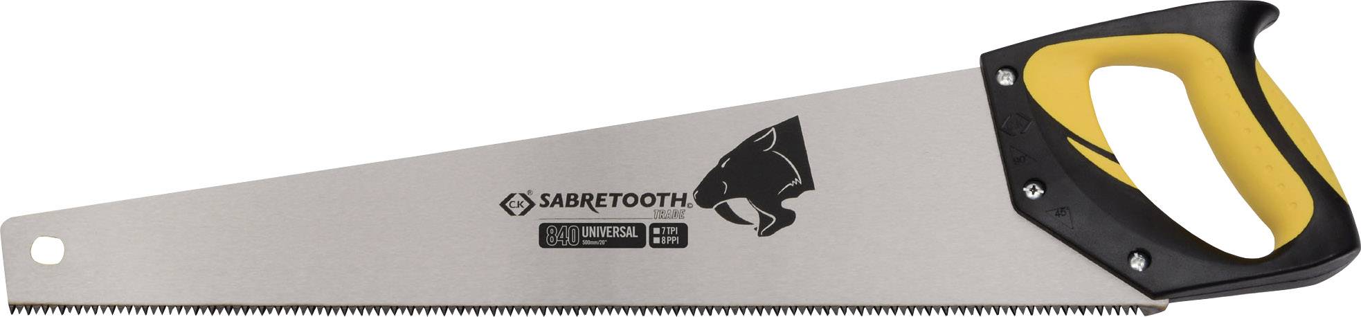 Scie à main avec poignée jaune, lame de scie arborant un logo en forme de dent de requin et portant l'inscription 'SABRETOOTH'. Adaptée aux travaux du bois.