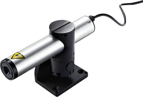 Appareil cylindrique argenté avec un câble, monté sur un support noir. Contient un symbole d'avertissement de radiation laser.
