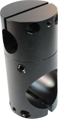 Une pièce de connexion métallique cylindrique, noire, comportant des ouvertures filetées et des évidements destinés à des assemblages techniques.