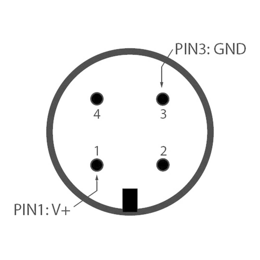 Diagramme d'une fiche à 4 broches avec des étiquettes pour la BROCHE 1 : V+ et la BROCHE 3 : GND. Il montre les positions des broches 1 à 4 dans le sens des aiguilles d'une montre.