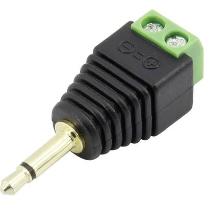 Un adaptateur noir avec une fiche jack de 3,5 mm et une borne à vis verte à deux pôles.