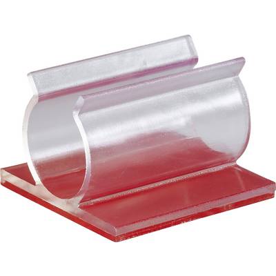 Un support en plastique transparent rouge au design incurvé, adapté pour maintenir et présenter divers objets.