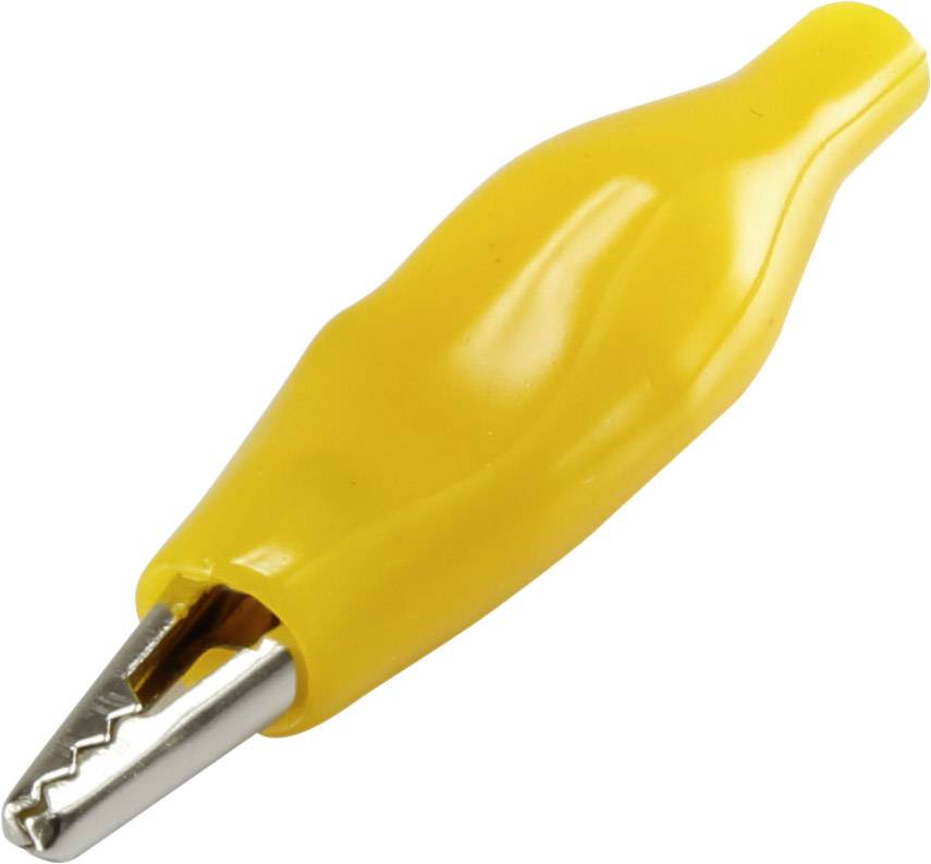Une pince crocodile jaune avec des dents en métal, souvent utilisée dans des applications électriques pour des connexions temporaires.