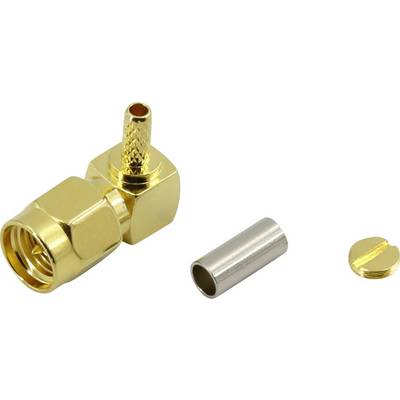 Connecteur SMA doré avec raccordement coudé, livré avec un cylindre métallique et une rondelle de fixation pour les connexions de câbles.