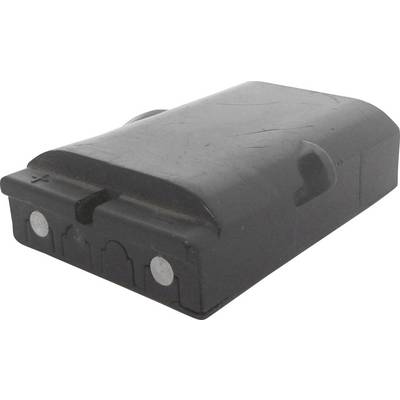 Un conteneur rectangulaire noir en plastique avec deux petits points de contact argentés sur un côté.