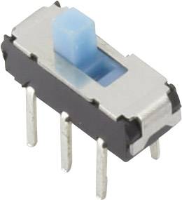 Un petit interrupteur à glissière rectangulaire avec quatre broches métalliques et un bouton d'activation bleu au centre.