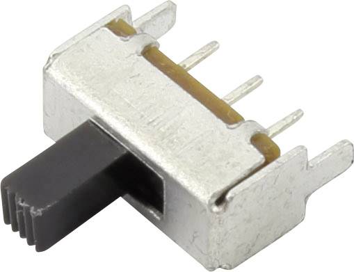 Interrupteur à glissière avec boîtier métallique et quatre broches, utilisé pour contrôler les signaux électriques dans les appareils électroniques.