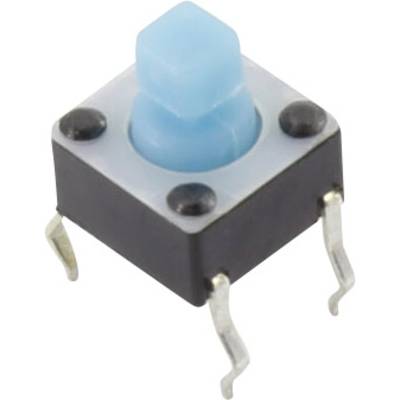 Bouton-poussoir miniature avec bouton bleu et quatre pattes de soudure métalliques, adapté aux circuits électroniques et aux panneaux de commande d'appareils.