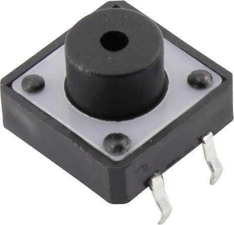 Un petit bouton-poussoir carré avec deux broches métalliques à souder, couramment utilisé dans les circuits électroniques pour les entrées de commutation.