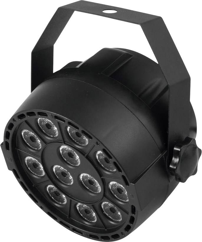 Projecteur LED PAR noir avec dix lentilles disposées en cercle, adapté à l'éclairage de scène.