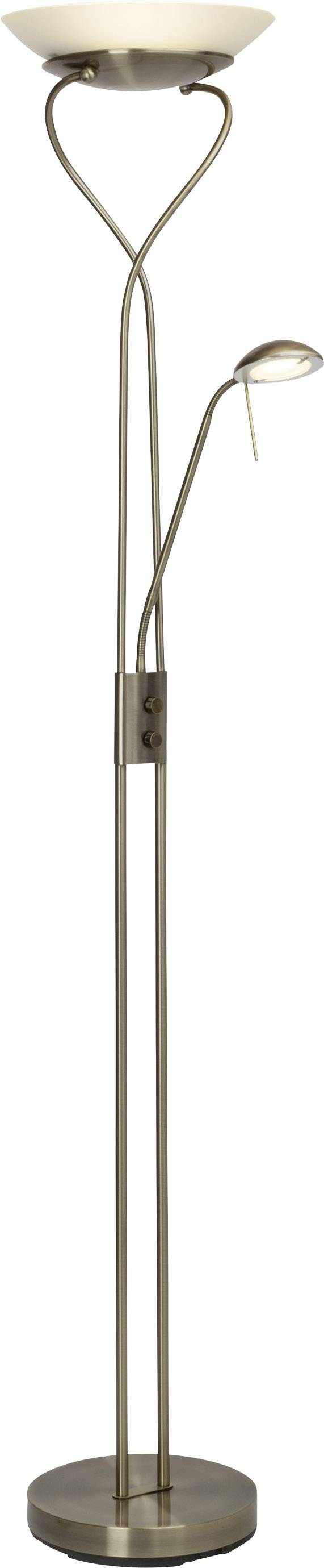 Lampadaire à deux luminaires : un grand abat-jour orienté vers le haut et une petite lampe de lecture flexible, tous deux fixés sur un support en métal.