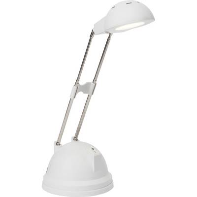 Lampe de table moderne blanche avec bras ajustable et base ronde, offrant un éclairage à faible intensité.