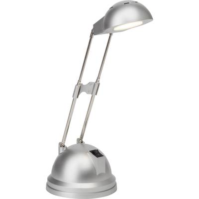 Lampe de table argentée, réglable, avec tête pivotante et socle rond stable, allumée.