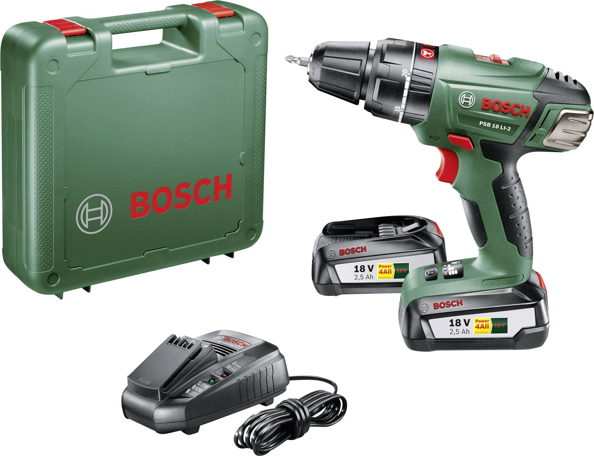 Perceuse-visseuse à percussion sans fil Bosch Home and Garden PSB 18 LI-2 2 vitesses + 2 batteries, + chargeur, + mallet-3
