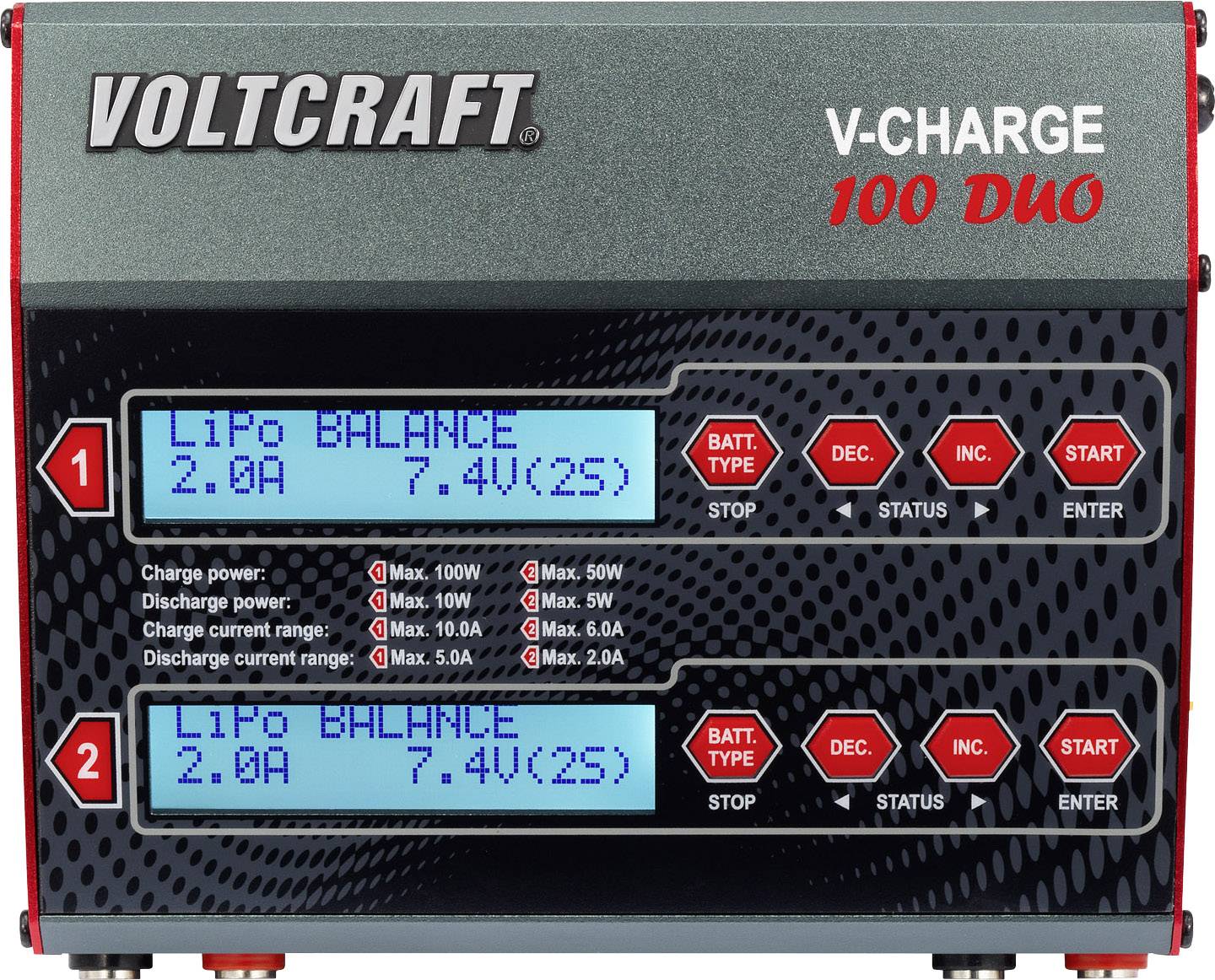 Chargeur à deux écrans. Affichage : Lipo Balance, 2,0A, 7,4V(2S). Touches : Démarrer, Arrêter, Paramètres. Marque Voltcraft.