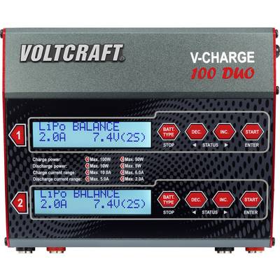 Chargeur à deux écrans. Affichage : Lipo Balance, 2,0A, 7,4V(2S). Touches : Démarrer, Arrêter, Paramètres. Marque Voltcraft.