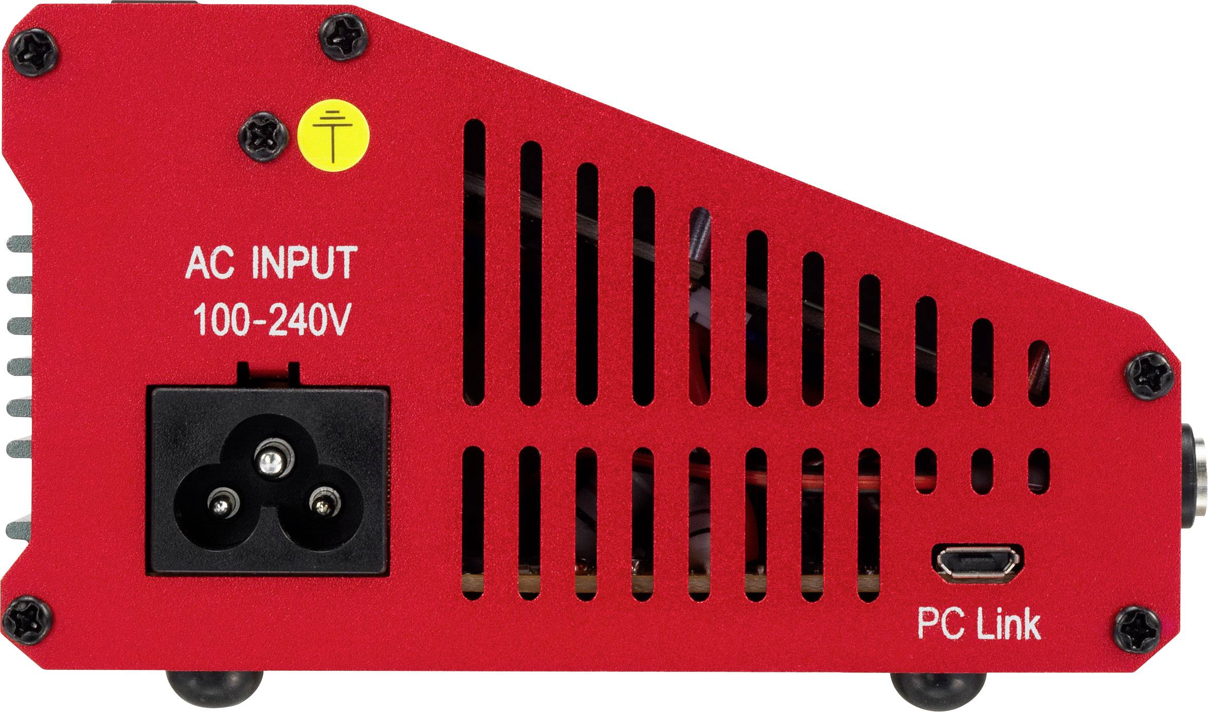 Dispositif électrique rouge avec des fentes de ventilation, connexion 'ENTRÉE CA 100-240V' et 'Liaison PC' sur le côté droit.
