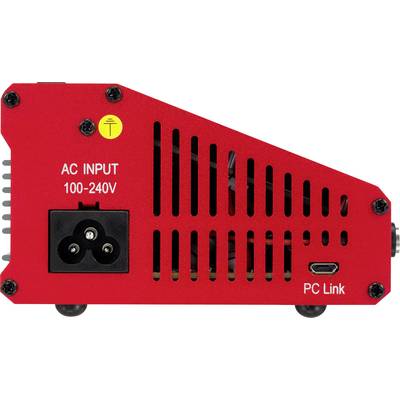 Dispositif électrique rouge avec des fentes de ventilation, connexion 'ENTRÉE CA 100-240V' et 'Liaison PC' sur le côté droit.