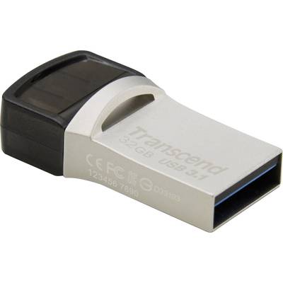 Une clé USB Transcend d'une capacité de 32 Go. Elle est de couleur argent avec un capuchon noir et répond à la norme USB 3.1.