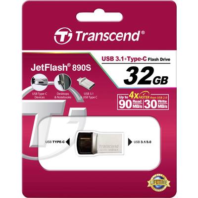 Clé USB 'Transcend JetFlash 890S', 32 Go, USB 3.1, Type-C. Vitesse de lecture remarquable jusqu'à 90 Mo/s.