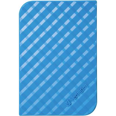 Disque dur externe bleu de Verbatim avec un motif de rayures diagonales.