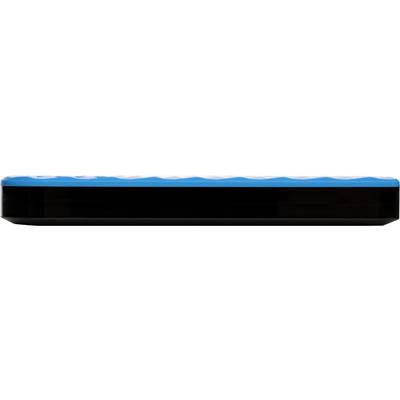 Un appareil rectangulaire bleu-noir avec un bord supérieur ondulé. Probablement un appareil électronique ou un accessoire.