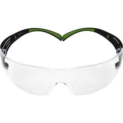 Des lunettes de protection transparentes avec des branches noires et vertes, offrant une protection oculaire lors de travaux.