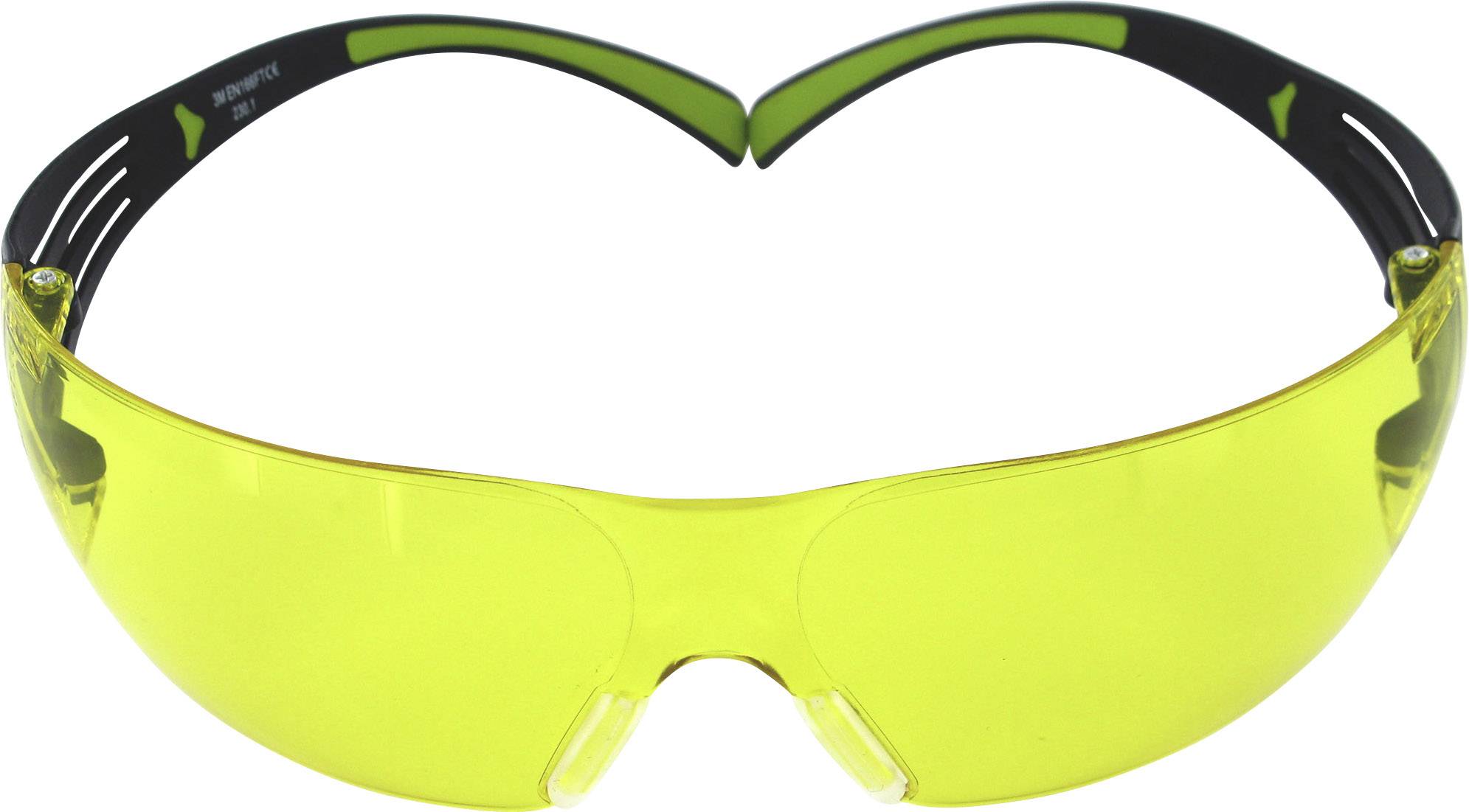 Lunettes de protection jaunes avec monture noire, adaptées à la protection oculaire au travail.