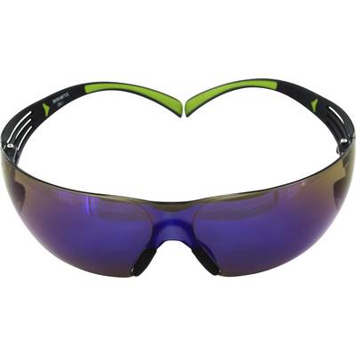 Lunettes de soleil avec verres bleu-lilas irisés et monture noir-vert.