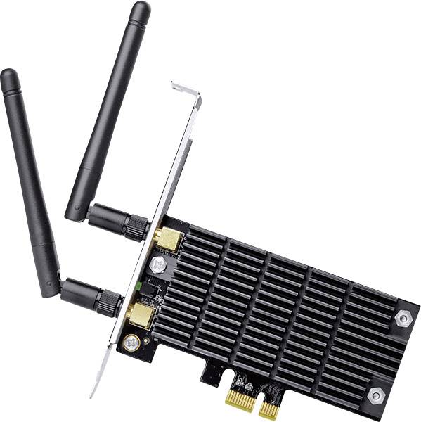 Une carte Wi-Fi PCIe noire avec deux antennes amovibles. Elle est utilisée dans les ordinateurs pour accéder à des réseaux sans fil.