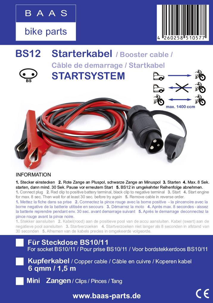 Un jeu de câbles de démarrage 'BS12' avec des câbles rouges et noirs, adapté aux motos. Caractéristiques essentielles et informations techniques ci-dessous.
