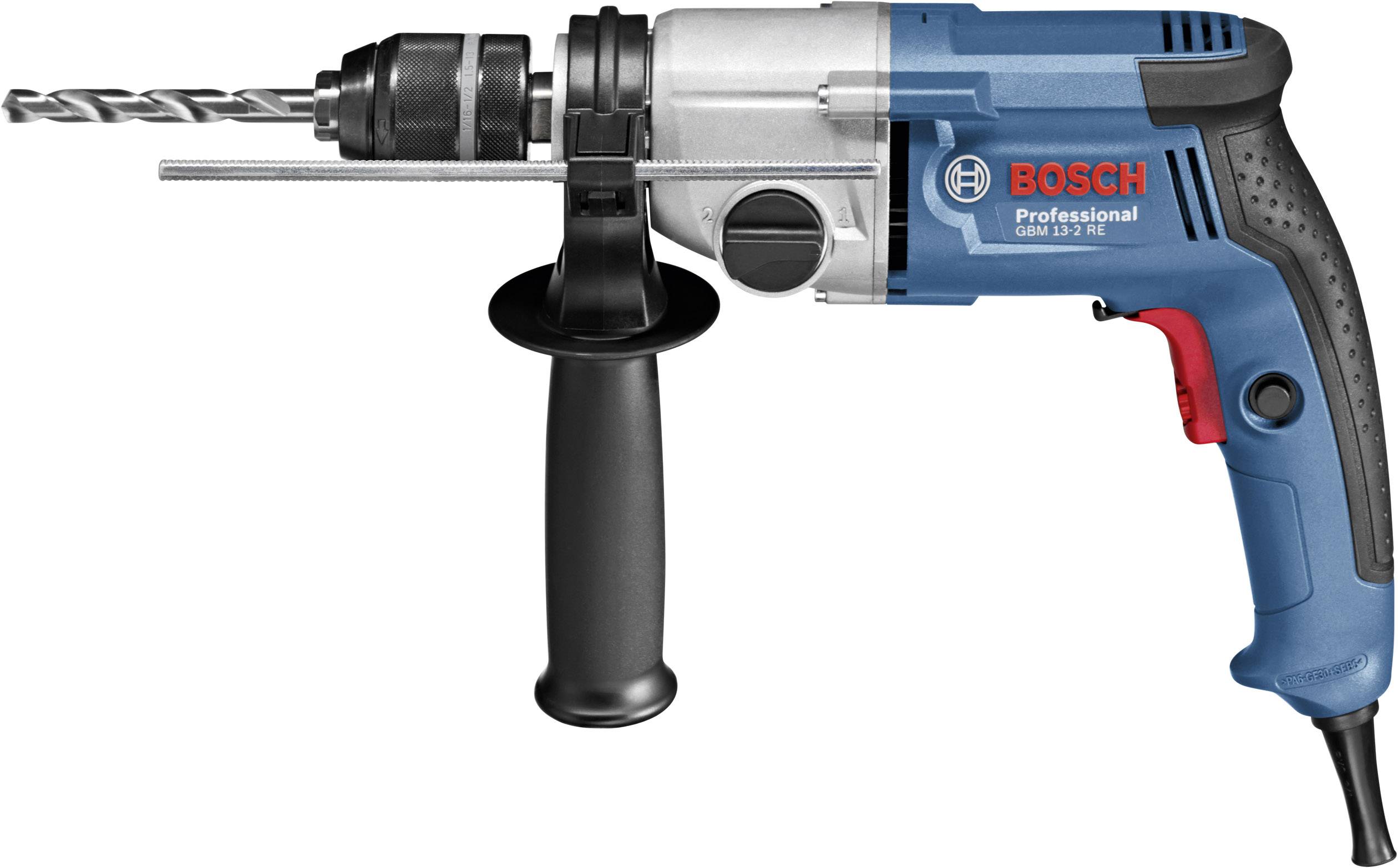 Perceuse électrique avec boîtier bleu-noir et interrupteur rouge. Marquée du logo 'BOSCH Professional'.