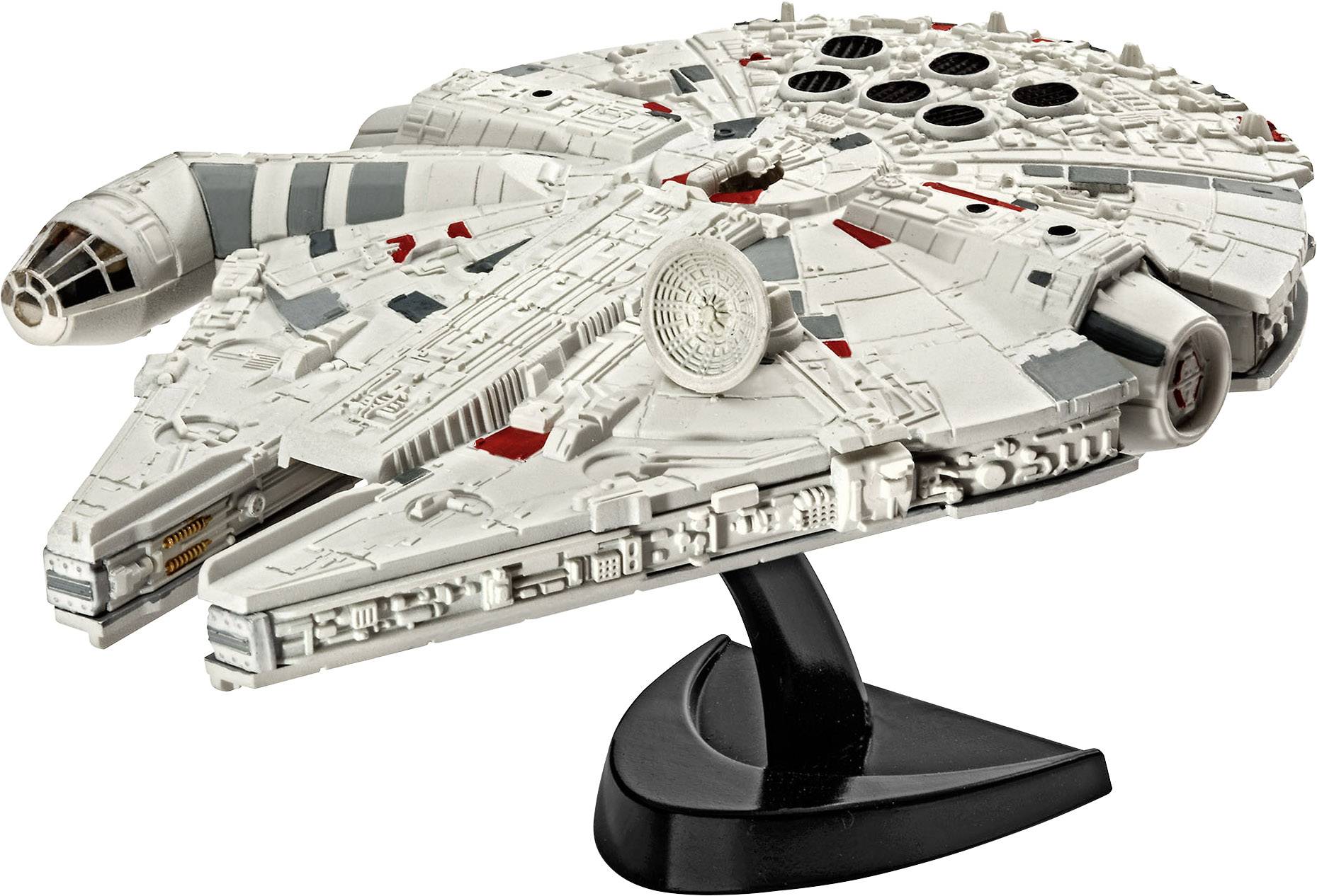Un modèle du Millennium Falcon, vaisseau spatial célèbre de 'Star Wars', sur un support.