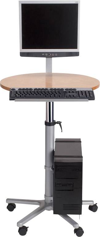 Poste de travail informatique avec écran, clavier et tour sur une table mobile à hauteur réglable et à roulettes.