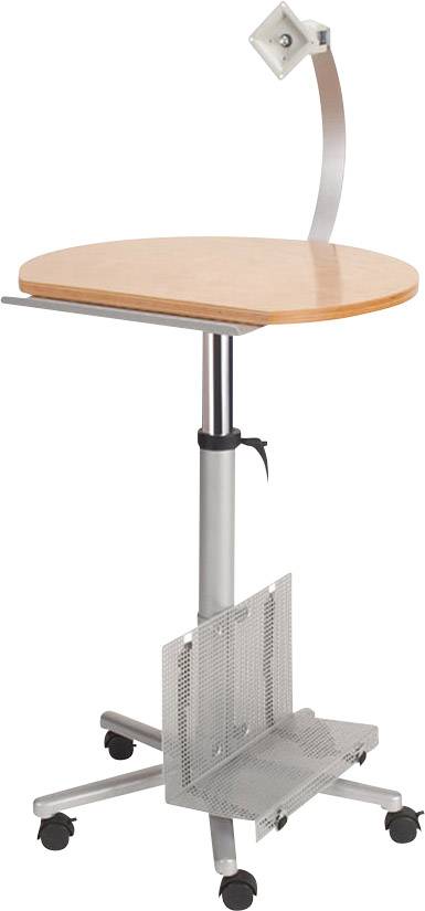 Une table d'ordinateur ronde réglable en hauteur, équipée d'un bras de moniteur métallique et de roulettes pour une mobilité facilitée.