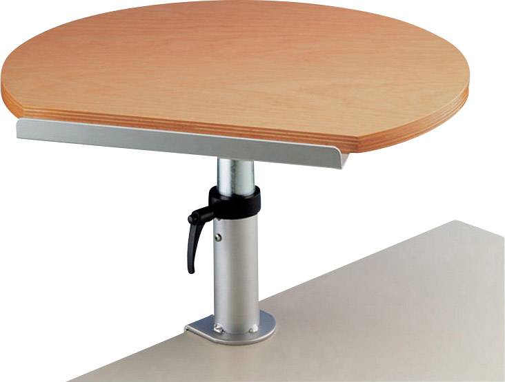 Un support de table rond, réglable en hauteur, en bois et métal, fixé à une surface stable, avec un levier de réglage.