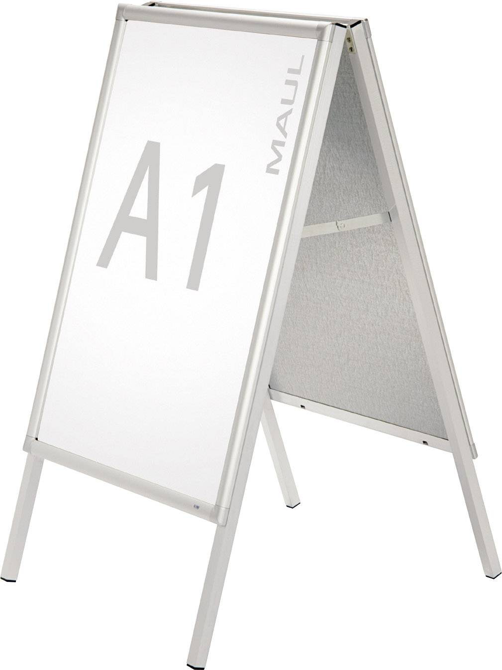 Un support de panneau argenté pliable portant l'inscription 'A1' à gauche et 'MAUL' à droite, adapté pour les affiches publicitaires en extérieur.