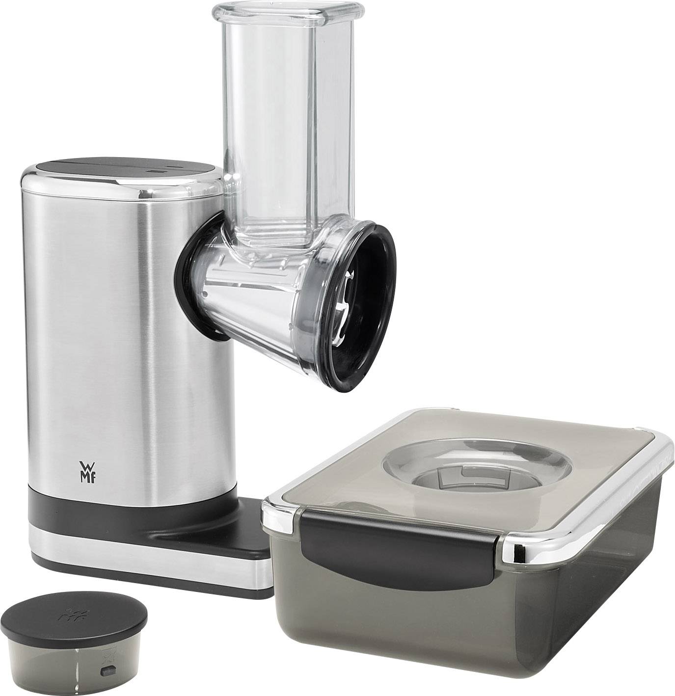 Coupe-légumes électrique avec boîtier en acier inoxydable, accessoire de coupe transparent et bac de récupération assorti. Idéal pour hacher rapidement les légumes.