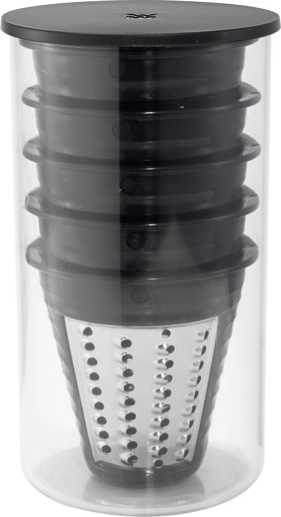 Un insert empilable dans un récipient transparent, adapté pour ranger ou présenter des ustensiles ou des accessoires de cuisine.