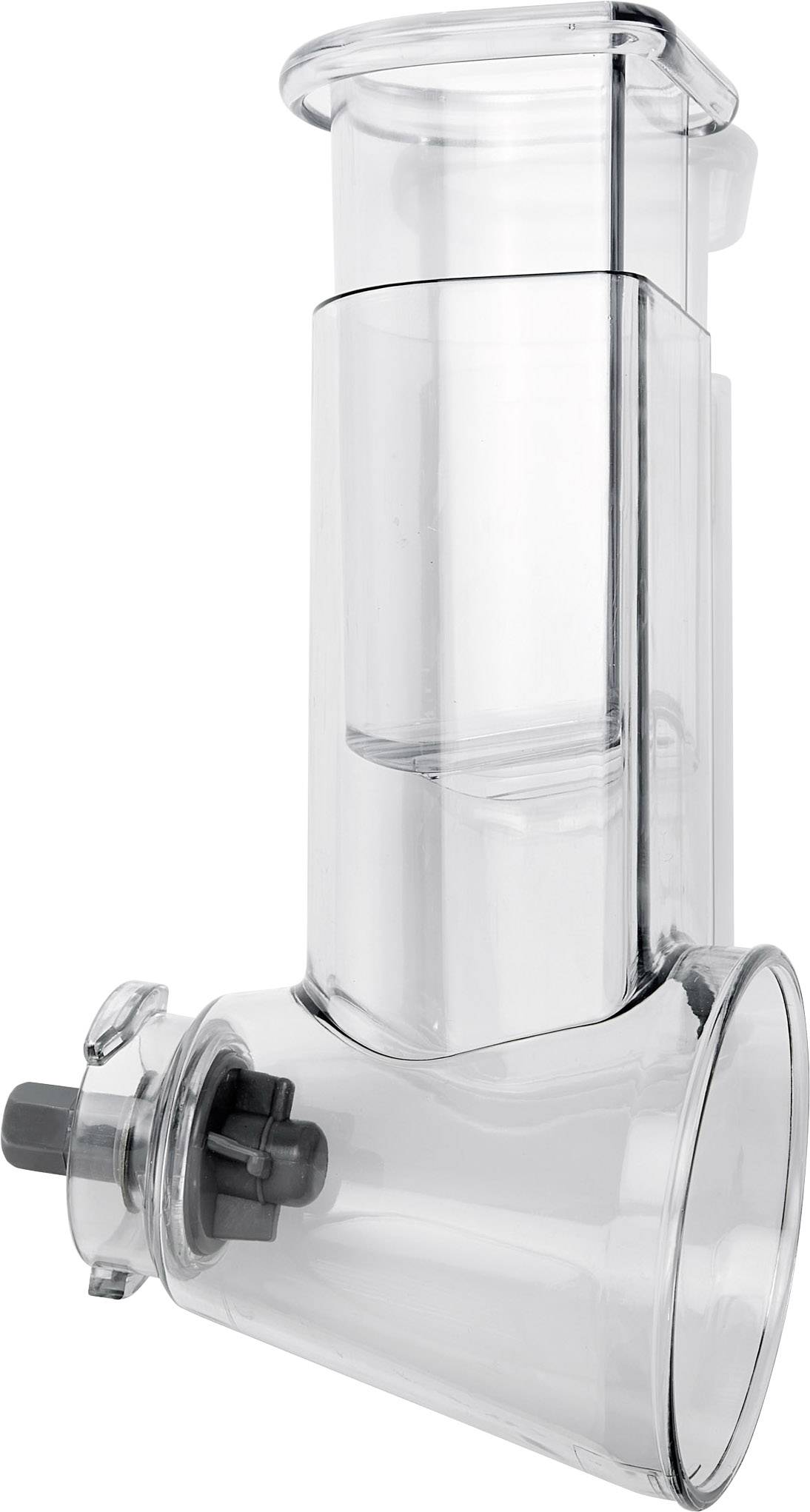 Un couvercle transparent en plastique pour un robot de cuisine, composé d'un entonnoir tubulaire avec fermeture et ouverture circulaire.