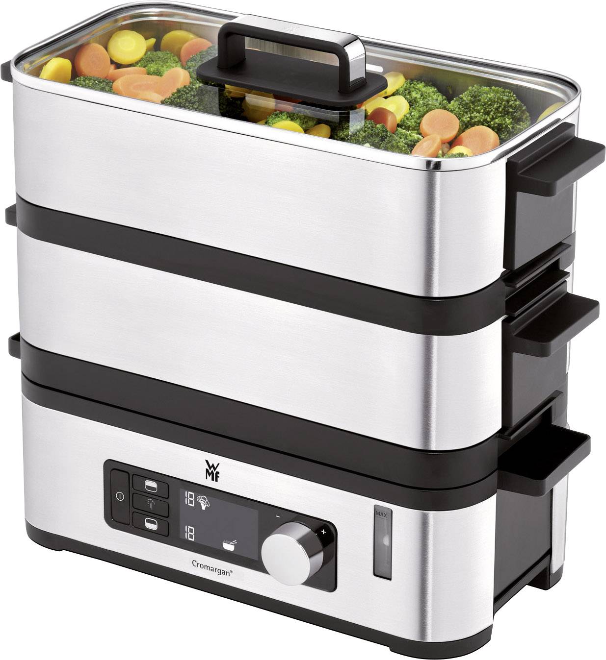 Cuiseur vapeur à deux niveaux ; en haut brocoli, carottes et maïs. Boîtier en acier inoxydable avec panneau de commande numérique et bouton rotatif.