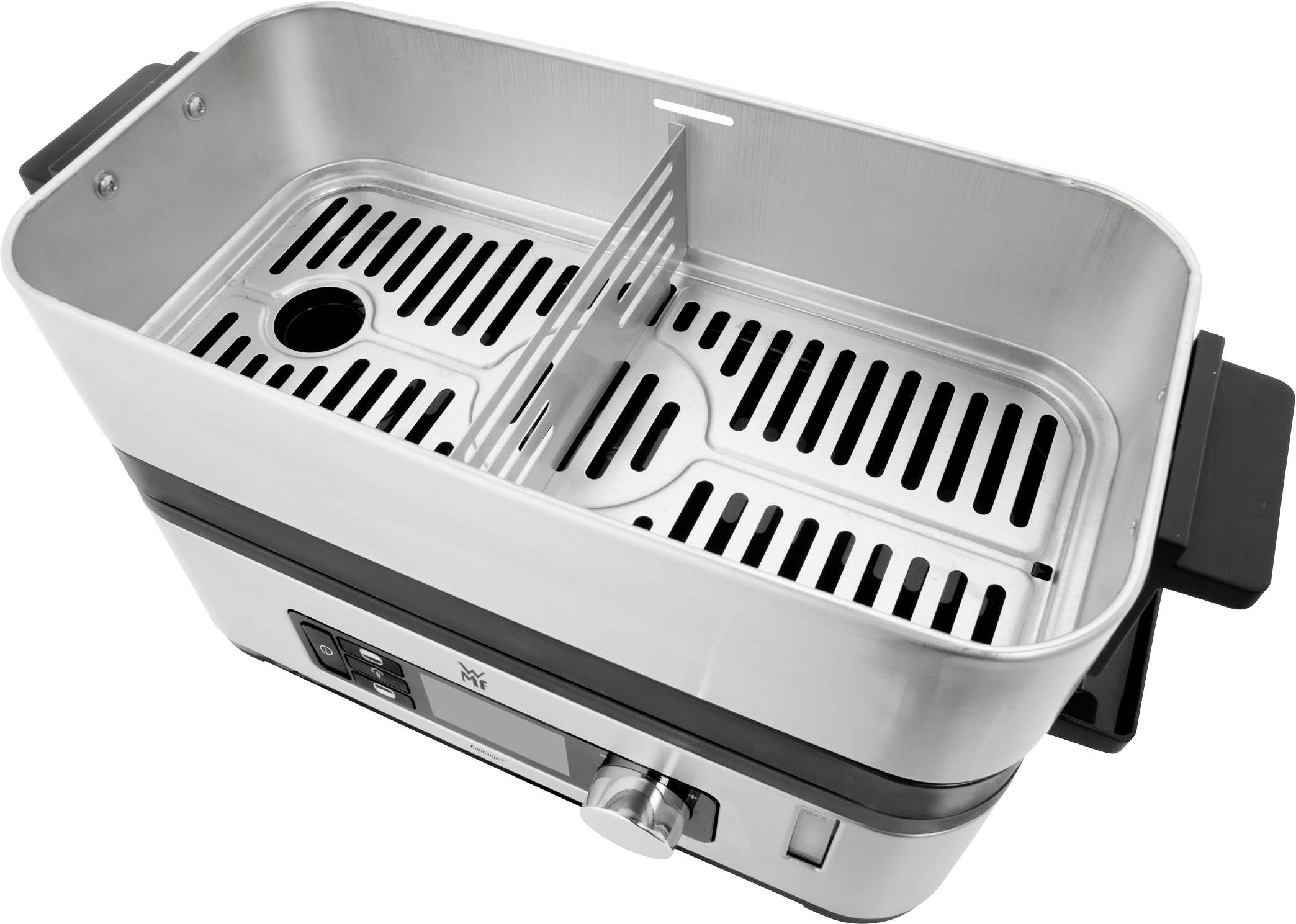 Un appareil de cuisson à vapeur en acier inoxydable avec deux compartiments séparés, adapté à la cuisson simultanée de différents aliments.