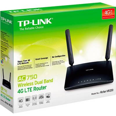 Un emballage d'un routeur 4G LTE TP-Link AC750 double bande. Contient une image du routeur et du texte sur la compatibilité et les fonctionnalités.