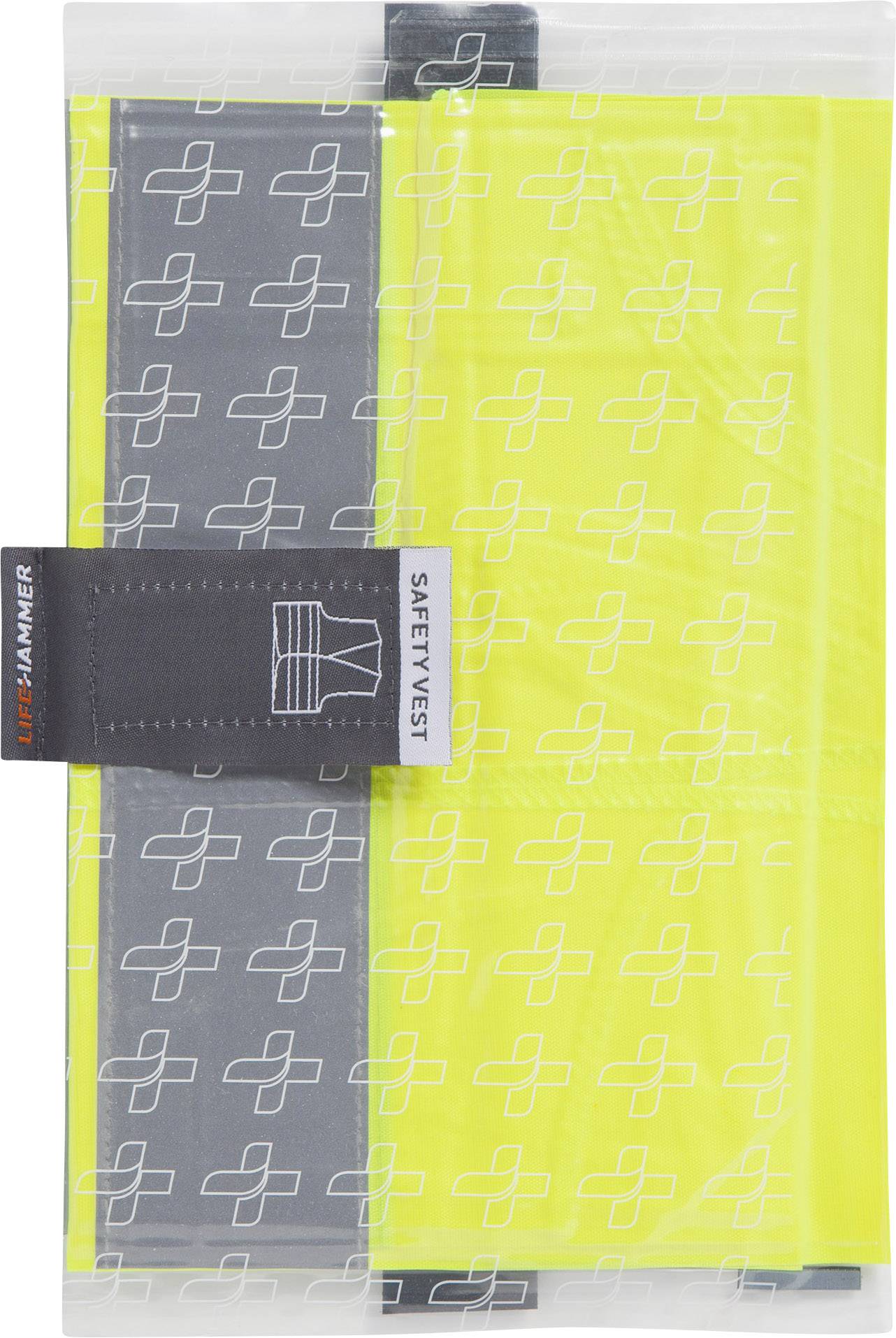 Ensemble de gilets de sécurité jaunes dans un emballage transparent avec une bande grise et des motifs géométriques blancs.