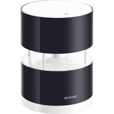 Un capteur météorologique noir et cylindrique de Netatmo, doté d'une construction à deux couches, adapté pour des évaluations intérieures et extérieures.