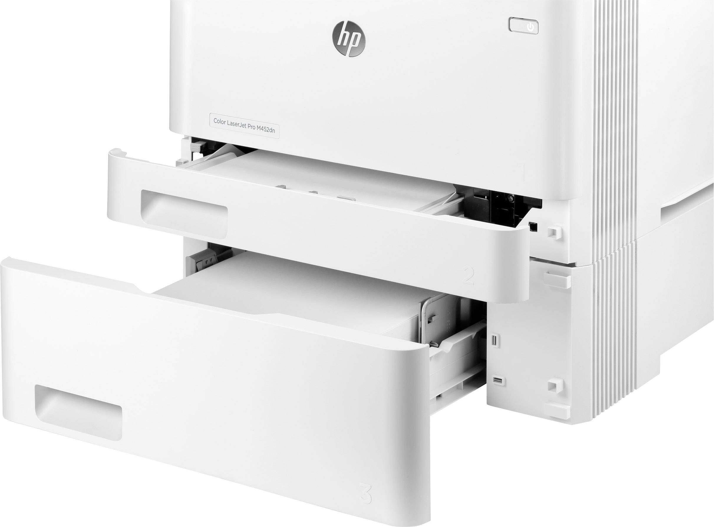 Imprimante laser avec chargeurs de papier ouverts et logo HP visible.